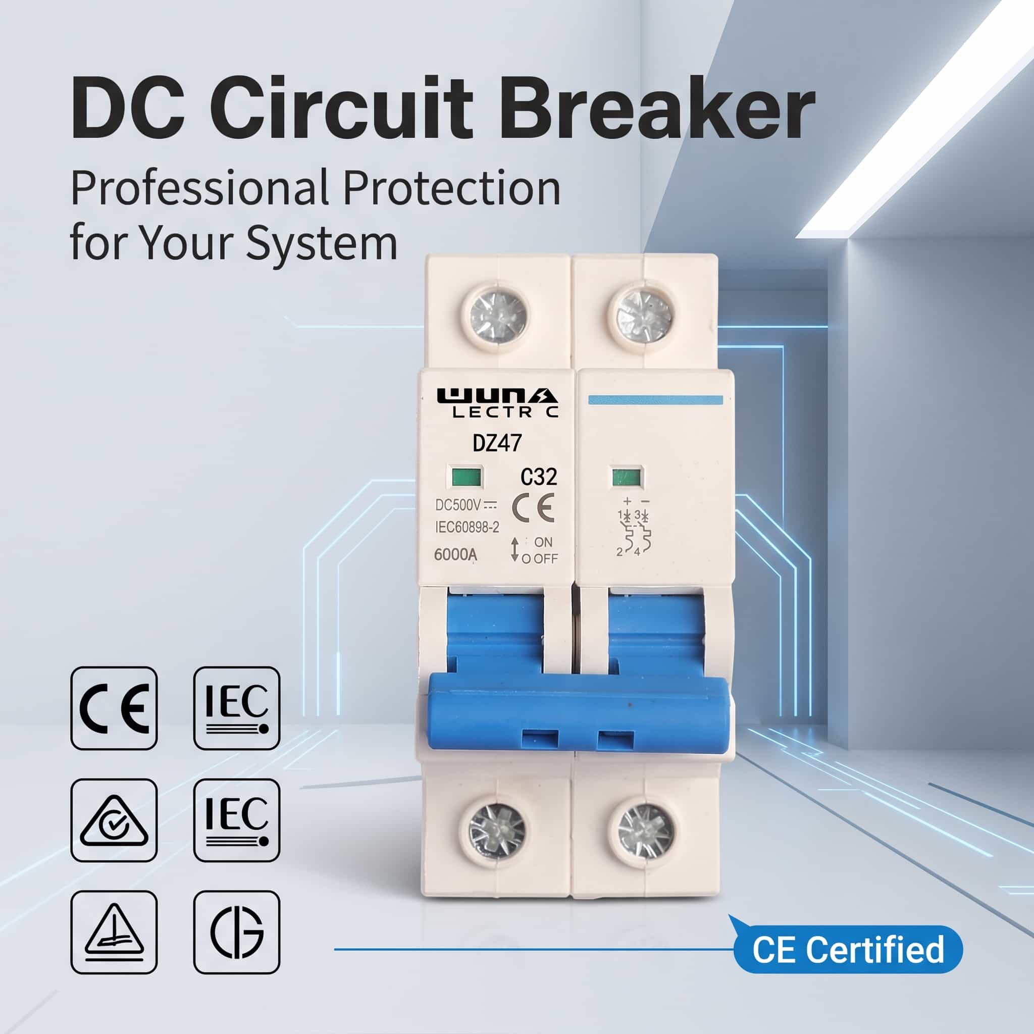 Disyuntor en miniatura de CC de 2 polos DZ47 C32 500 V